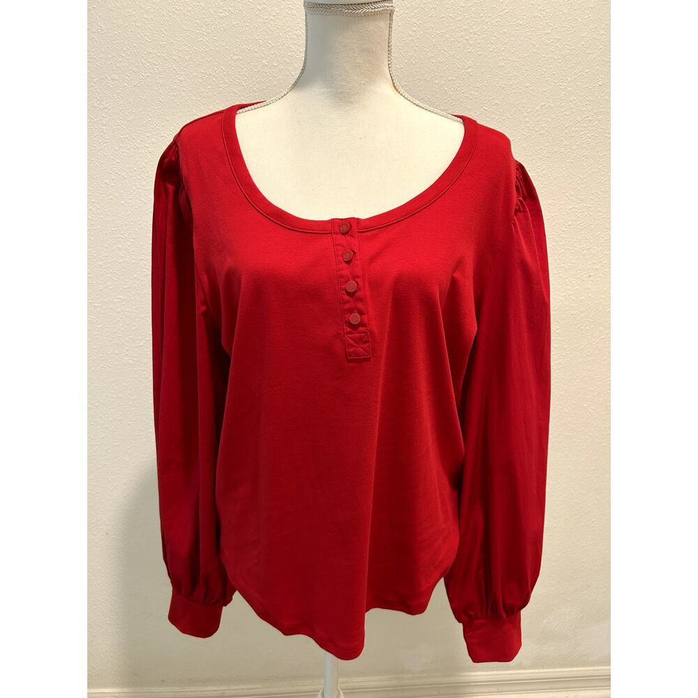 LAUREN Ralph Lauren Women's Stretch Cotton Puff-Sleeve Top in Festive Red XXL